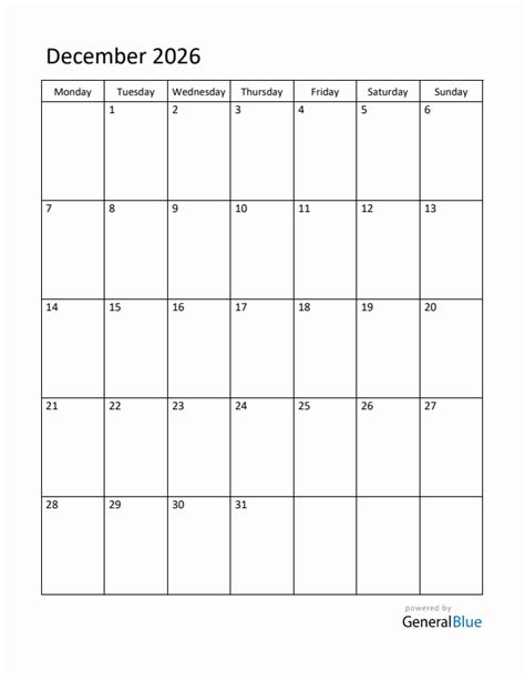 Editable December 2026 Monthly Calendar