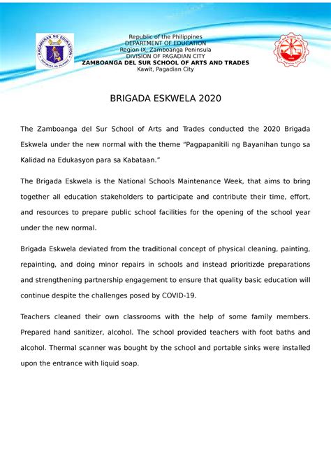 Narrative Report Be Narrative Report Brigada Eskwela Brigada The Best