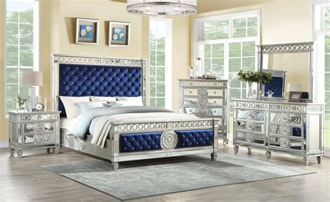 4pc Bedroom Furniture Set Blue Velvet And Mirrored Finish Eastern King Size Bed