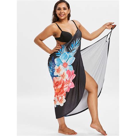 2018 Bikini Cover Ups Plus Size Floral Print Cover Up Dress Beach Cover Up Convertible Black