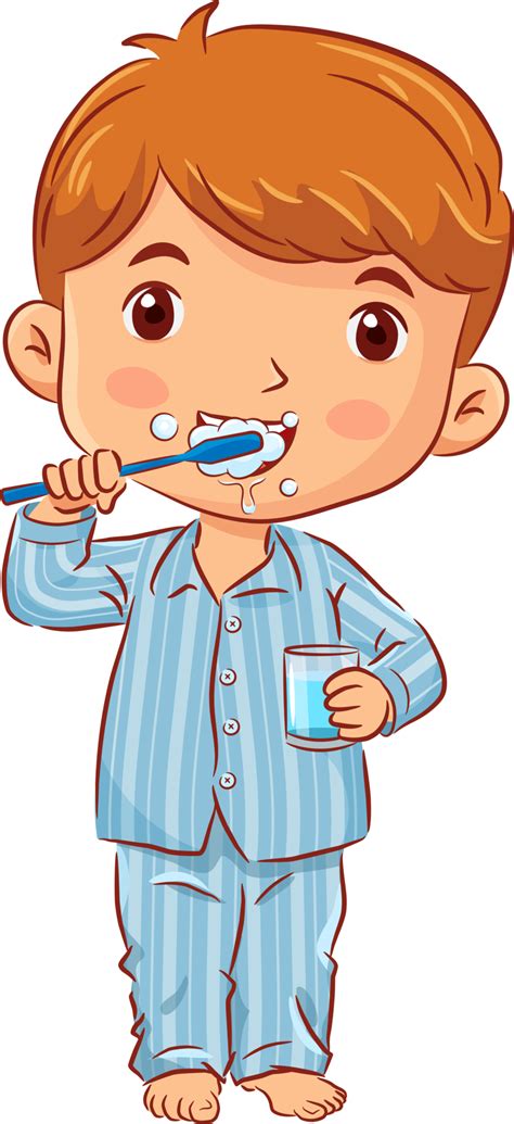 Little Boy In A Pyjamas Stands Brushing Teeth And Holds A Glass Of