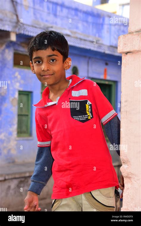 Indian Boy Poses For Camera Chittorgarh Rajasthan India Stock Photo