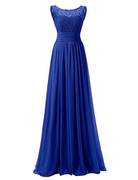 Dresstells Long Prom Dress Scoop Bridesmaid Dress Lace Chiffon Evening Gown Royal Blue Size