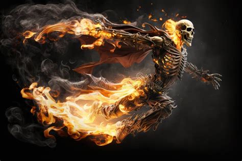 Ghost Skeleton Flying Through The Air Surrounded By Flames Stock