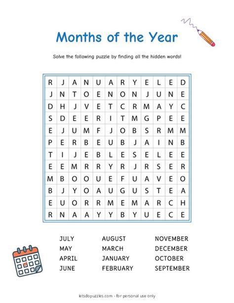 Months Of The Year Word Search For Kids