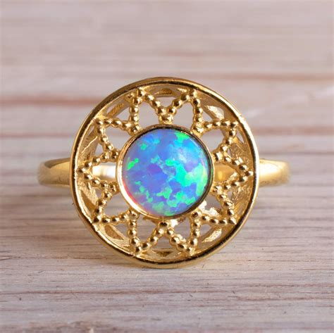 Blue Opal Ring 14k Solid Yellow Gold 6 Mm Round October Birthstone Ebay