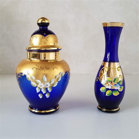 Bohemian Blue Glass Vase Cobalt Blue Czech Glass Enameled With Gold And Hand Painted Flowers