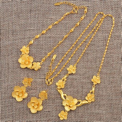Anniyo Trendy Gold Color Jewelry Set Flower Pendant Necklace Earrings Bracelet For Women Bride