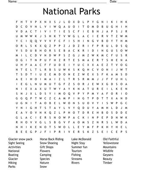 National Parks Word Search Wordmint