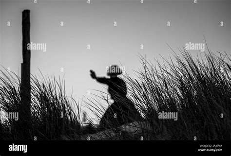 A grayscale shot of a silhouette dancing girl behind grass under gray