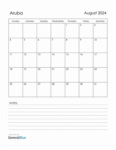 August 2024 Aruba Calendar With Holidays