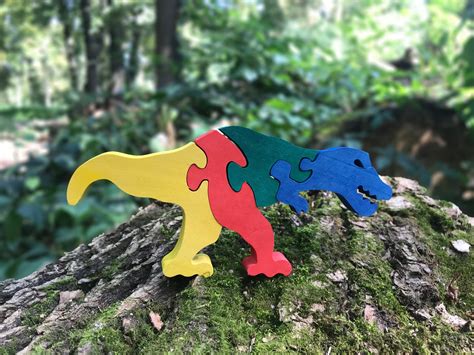 Colorful Wooden Puzzle Dinosaur Tyrannosaur Handmade Puzzle Etsy