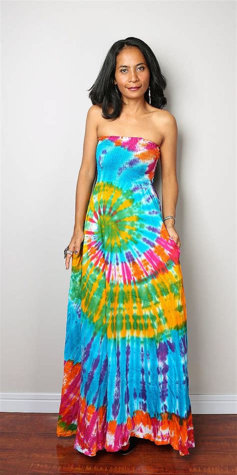 rainbow dress tie dye dress boho hippie funky smocked maxi etsy tie dye dress boho hippie