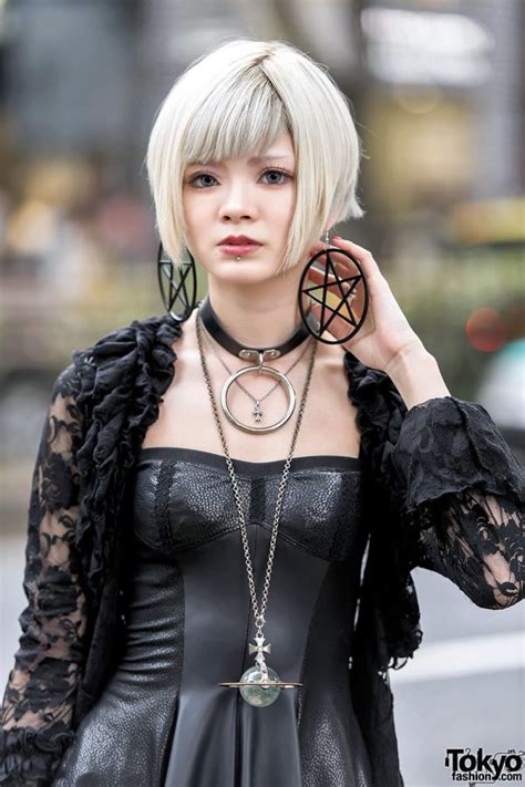 Gothic Harajuku Girl In Black Lace Mini Dress Platform Boots And Vivienne Westwood Tokyo Fashion