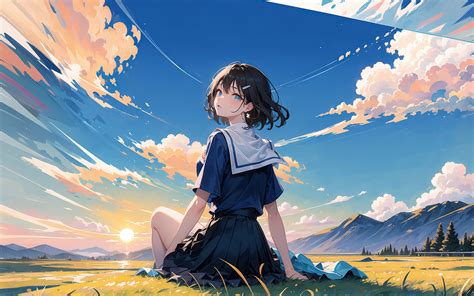 Sunset Anime Ai Art Digital Art Clouds Schoolgirl School Uniform Anime