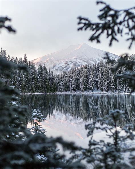 A Lake Surrounded By Snow Covered Trees With A Mountain In The Background