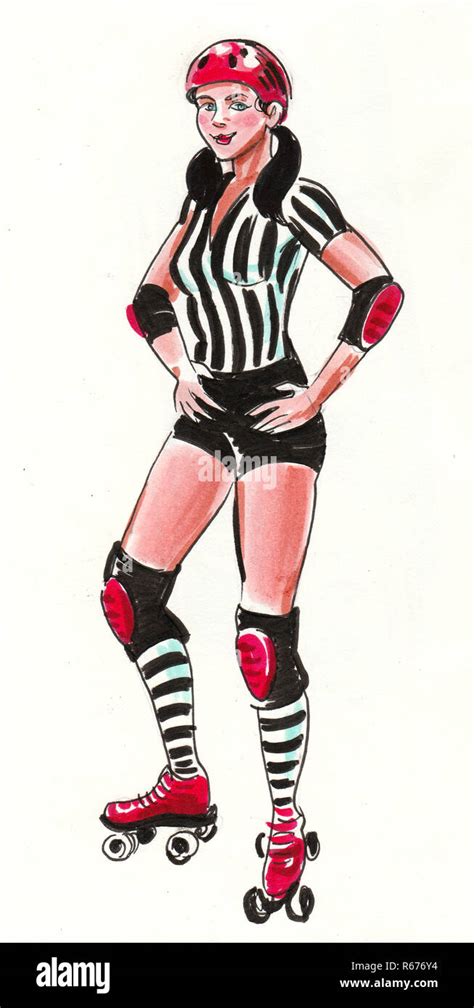 Pretty Derby Girl On Roller Skates Ink And Watercolor Illustration