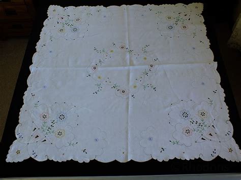 Antique Linen Tablecloth Hand Embroidered Madeira And Cutwork Vintage