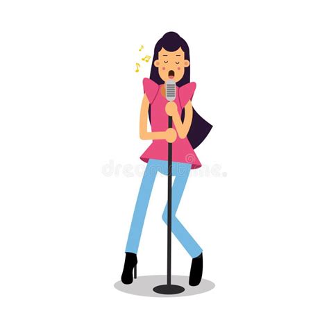 Young Brunette Woman Singing With Microphone Cartoon Character Vector