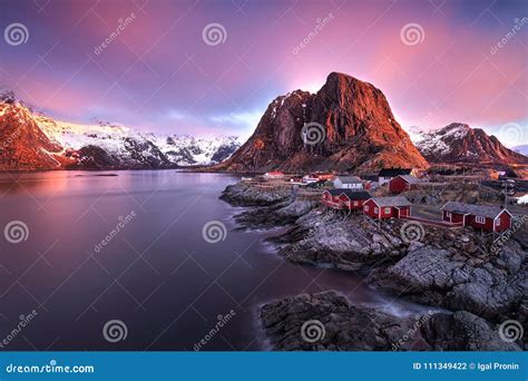 Red Sunrise At Lofoten Stock Photo Image Of Snowy Mountains 111349422