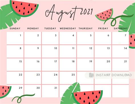 August 2022 Calendar Cute Summer Tropical Leaves And Watermelon Etsy