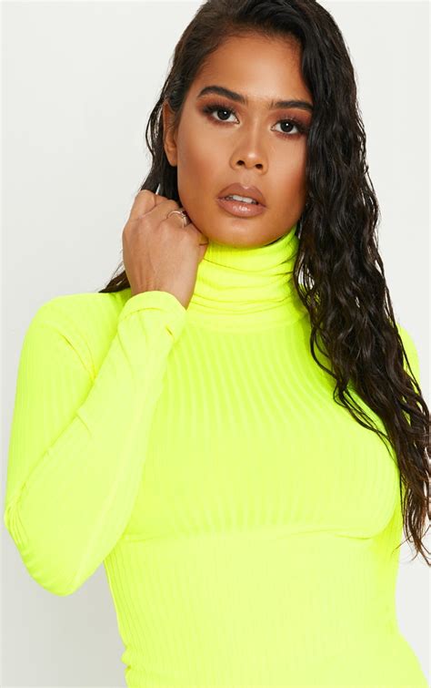 Neon Yellow Rib High Neck Top Tops Prettylittlething Ie
