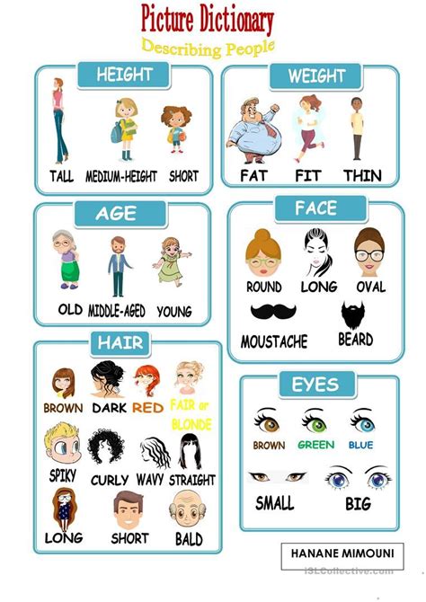 Picture Dictionary Describing People English Esl Worksheets For
