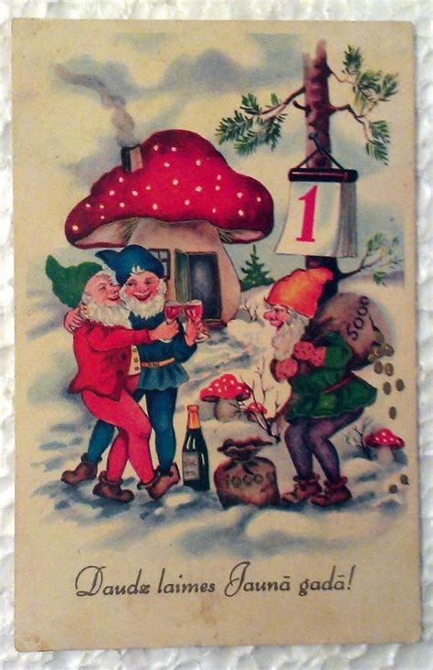 This page includes four types of mushrooms. Vintage postcard 1939 New Year! Champagne Gnomes Gold ...
