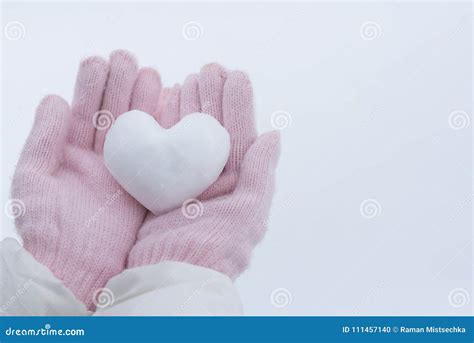 Hands In Pink Gloves Holding Snow Heart Stock Photo Image Of Holiday