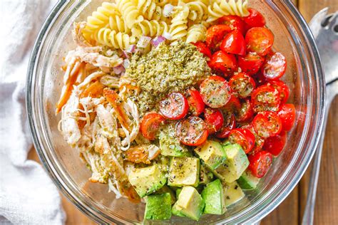 Chicken Pasta Salad Recipe With Pesto Avocado And Tomato Chicken