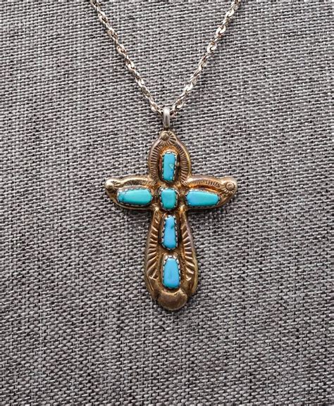 Horace Iule Signed Zuni Sterling Silver Turquoise Cross Pendant With