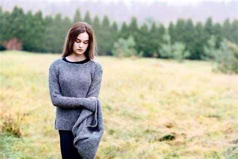 Pensive Beautiful Young Woman In Woolen Sweater Stock Image Image Of