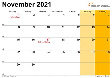 November 2021 Kalender Mit Feiertagen