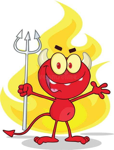 Cute Little Red Devil With A Pitchfork In Front Fire Stock Vector