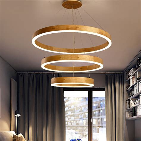 Modern Led Chandelier Wood Pendant Lamp Round Ceiling Light Ring