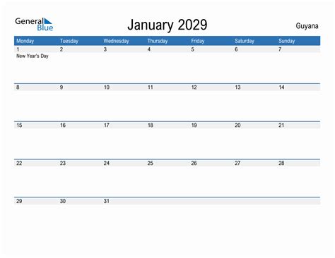 Editable January 2029 Calendar With Guyana Holidays