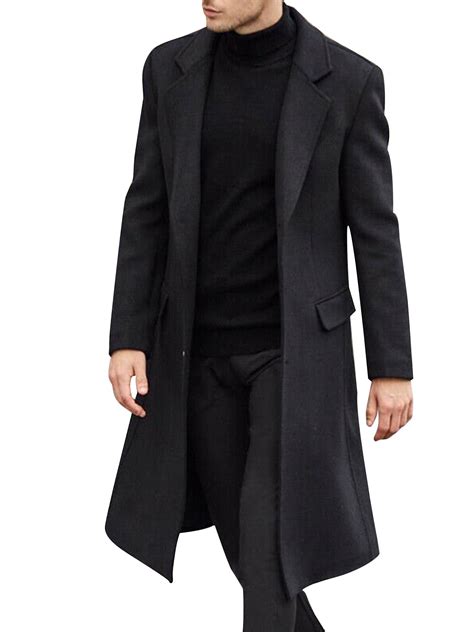 Mens Woolen Long Jacket Winter Trench Coat Double Breasted Pea Coats