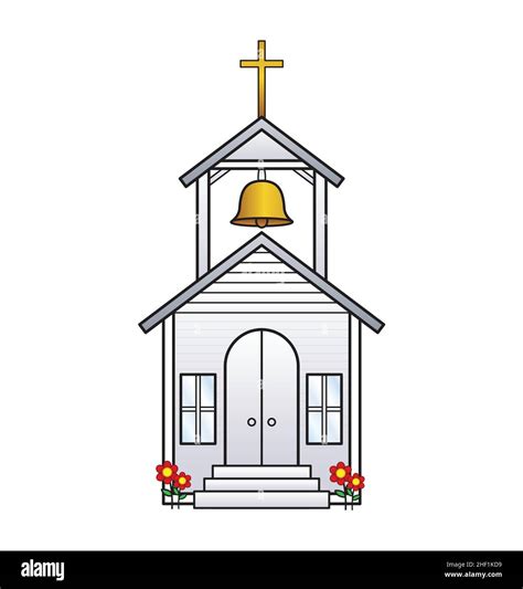 Simple Cute White Cartoon Christian Church Chapel With Bell Tower And