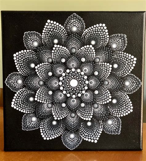 Lovely Dot Mandala On Gray Stretched Canvas 10 X 10 Black Gray White