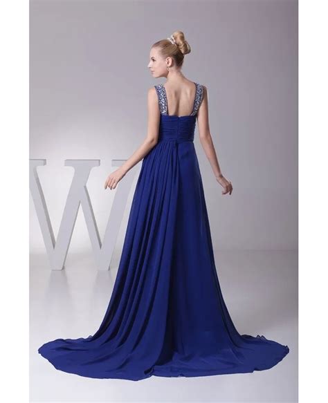 Gorgeous Dark Blue Long Chiffon Ruffled Prom Dress With Beading Straps