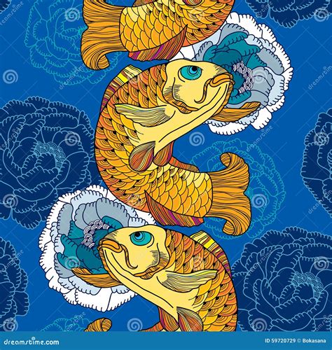 seamless pattern with carp koi in gold and chrysanthemum stock vector illustration of japan
