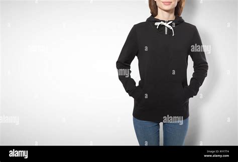 Young Girl In Black Sweatshirt Black Hoodies Front View Isolated On