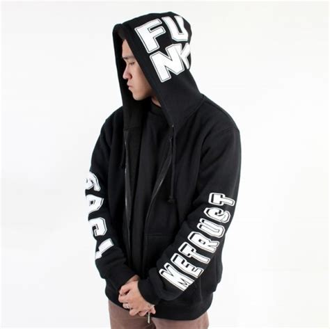 Zip Up Hoodie Black With White Writing On Hood And Sleeves