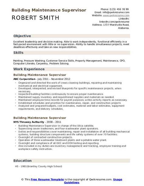 Daily supervisor checklist the term supervisor refers to anyone who manages a team's or individual's performance. Building Maintenance Supervisor Resume Samples | QwikResume