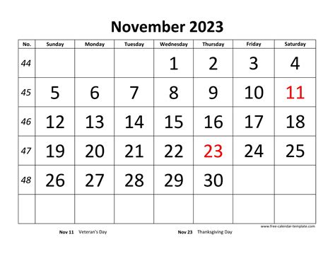November 2023 Calendar Designed With Large Font Horizontal Free