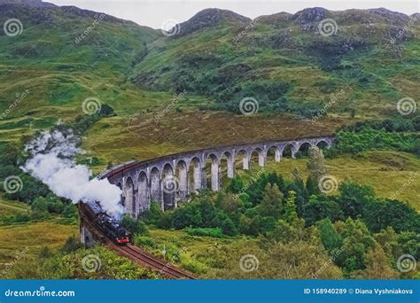 Historical Steam Train Passing Stone Viaduct Stock Image Image Of