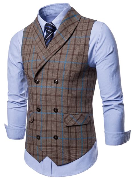 Shawl Collar Back Belt Plaid Waistcoat Men Vest Slim Sleeveless Suit