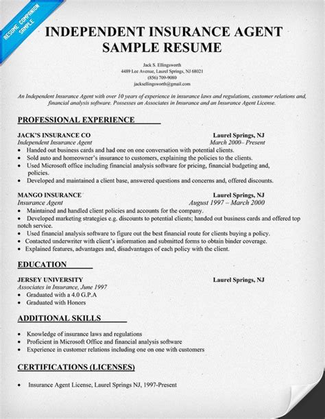 Independent Insurance Agent Resume Sample | Insurance ...