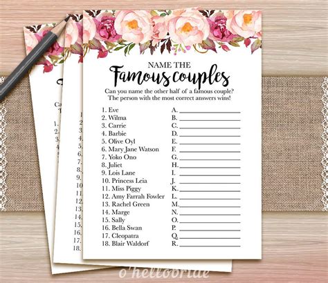 Printable Bridal Shower Games Name The Famous Couple Game