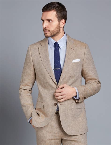 Men S Beige Herringbone Linen Tailored Fit Italian Suit Jacket Collection Hawes